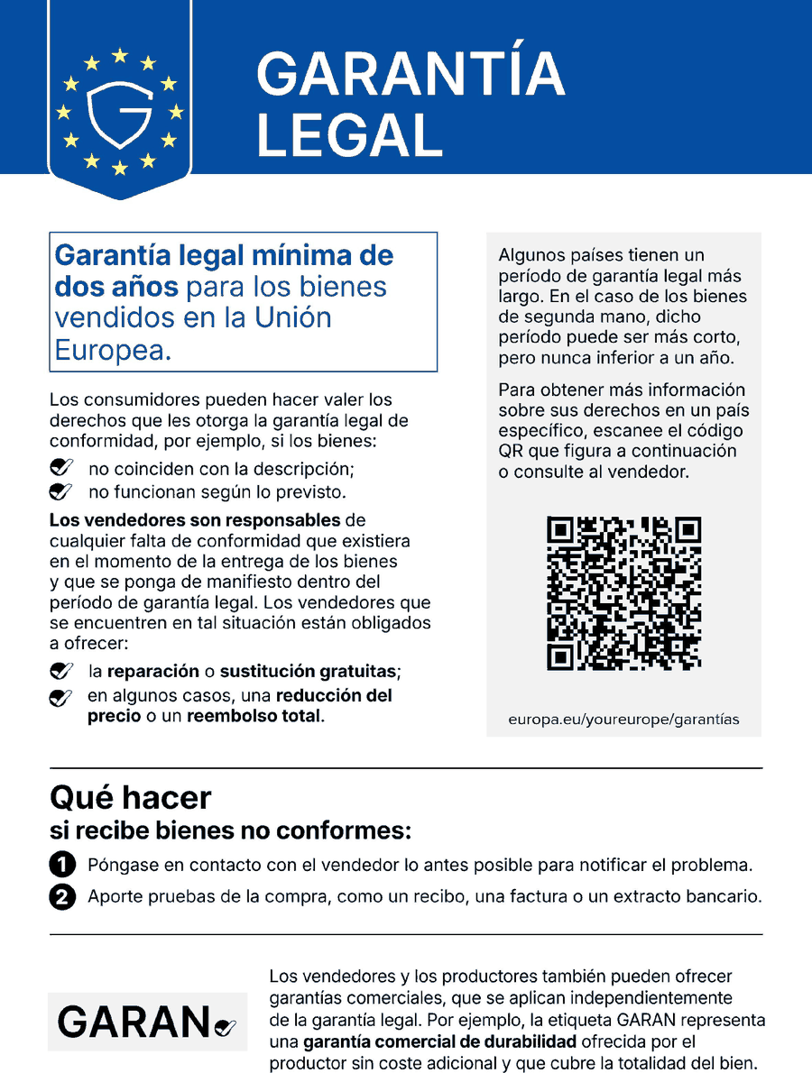 Garantía legal: los bienes que compra en la UE tienen una garantía legal de al menos dos años. La garantía legal es gratuita. Si el bien es defectuoso, tiene derecho a la reparación, la sustitución, una reducción del precio o el reembolso.